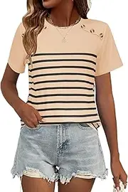 Rapbin Womens Summer Tops 2025 Dressy Casual Short Sleeve Crewneck T Shirts Trendy Striped Button Decor Tunic Blouse