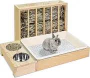 Hay Feeder With Litter Box and Bowls, Wooden Guinea Pig Holder Toilet for Bunny, Chinchillas, Hamster, Small Pet Rack Manger, Wood Colour