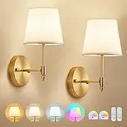 PXFLCRY Battery Operated Wall Sconce Set of 2,Gold Wireless Wall Light with Remote Control,RGB Dimmable Wall Sconces Set of Two 15 Colors,Rechargeable Bulbs Cordless Lamp for Bedroom Living Room