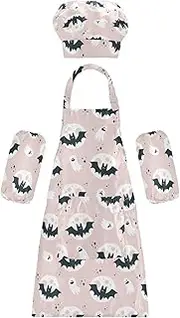 AIXIWAWA Kids Apron Chef Hat Set, Child Kitchen Bib Aprons Adjustable for Cooking Baking Painting (Pink Halloween Bat)