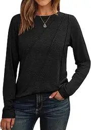 [Cuptacc] Long Sleeve Women's Crew Neck 2025 Fashion Basic Top Plain Spring Top with Pleats Shirt Chic