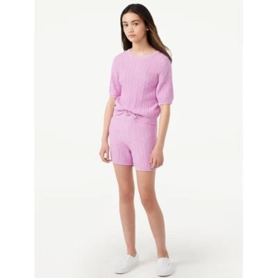 Free Assembly Girls L 10-12 Variegated Rib Sweater T-Shirt and Shorts, 2-Piece