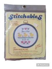 Vintage 1985 Dimensions Stamped Cross Stitch Kit Chick's Birth Record Hoop Frame