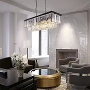 USOR Modern Crystal Chandelier 8 Lights Black Ceiling Light L86xW35cm Luxury Crystal Pendant Lights Fixture 3 Colors Island Light Linear Chandeliers for Dining Room Living Room Kitchen Bulbs Included