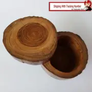 Storage Box Teak Wood Tree Stump Twist Slide Lid Hand Carved Handmade Trinket