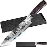 Authentic XYJ Since 1986,Damascus Steel Cleaver Knife,Slicing Chef Knives with Sheath,Gyuto Butcher Cooking Knives,Sharp Laser Etching Pattern,VG10 Damascus Vegetable Knife (8'' Chef Knife A)
