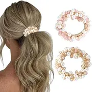 Brinie Pearl Rhinestone Ponytail Holder Pack: Pink Hair Ties, Elastic Bead Hair Bands, Stretchy Scrunchies for Women and Girls (Pack of 2)