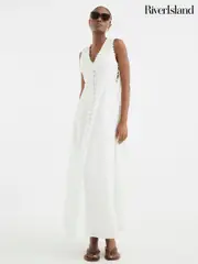 River Island White Lace Insert 100% Cotton Midi Dress (F53903) | $129