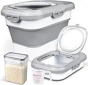 Komzon Rice Storage Container, Collapsible Airtight Food Storage Containers 6-20 Lbs, Rice Dispenser with Measuring Cup and Small Bin for Flour Cereal Pasta Grain, Cat Pet Dog Bird Food Container