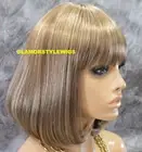 Bob Straight With Bangs Ash Blonde Mix Full Synthetic Wig Hair Piece #F18.22