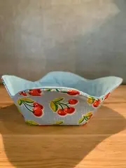 Handmade Quilted Cherries on Sky Blue Reversible Microwave Bowl Cozy New