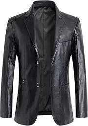 [Chartou] Men's Regular Fit Button Down Lined Business Lambskin Leather Jacket Blazer with Pockets