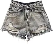 [PCBVAKGKYT] Worn Legs with Rough Edges Washed Black Denim Shorts Summer Women Fashion A-line Wide Leg Hole
