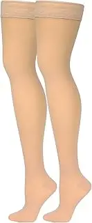 NuVein Sheer Compression Stockings for Women, Thigh High, Closed Toe, Beige, Large
