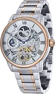 Thomas Earnshaw Herren-Armbanduhr, 44 mm Länge, Dualzeit, automatische Skelett-Uhr mit Edelstahl-Armband, 12-Stunden-Dualzeit, Sonnen- und Mondanzeige und verzierter Rotor