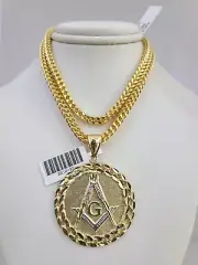 10k Yellow Gold Franco Chain Masonic Charm Pendant 4mm 18-28 Inch Necklace