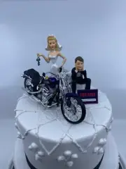 Bride and Groom w/Harley Davidson Springer Motorcycle Funny Wedding Cake Topper
