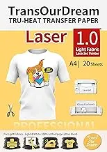 TransOurDream Iron on Heat Transfer Paper for Light T Shirts (20 Sheets A4, 1.0) Printable HTV Heat Transfer Vinyl for Laser Printers Iron On transfers for T Shirts (TRANS-AU-LASL1-20)