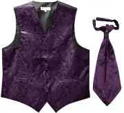 New Men's Paisley Tuxedo Vest Waistcoat & Ascot Cravat Wedding Prom Dark Purple