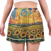 [RPLIFE] Sunflower Field Swirling Sky Women Boxer Shorts Pajamas, Cute Pajama Shorts with Pockets S-XXL