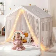 Kids Play Tent with a String of Star Lights & Star-Shaped Windows, Large Kids Playhouse Indoor Outdoor, Breathable Curtains, Castle Tent for Girls Boys(Beige)