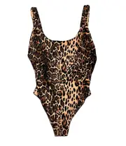 Asos Design Ribbed One Piece Leopard Swimsuit High Leg Brief Cut Size 10 NWT