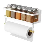 Spice Rack Magnetic Shelf with Paper Towel Holder Roll and Hooks, White