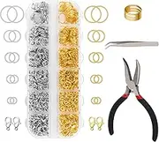 Amrules 1200 Pcs Jump Rings for Jewelry Making Supplies, Necklace Repair Kit with Open/Close Tools, Pliers, Tweezers, Lobster Clasps, Jewelry Jump Rings for Crafts and Key Chains (Silver and Gold)