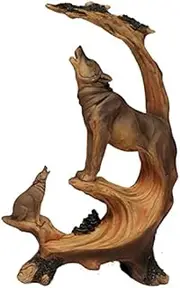 Hand Painted Polystone Carved Look Howling Wolf and Pup Figure