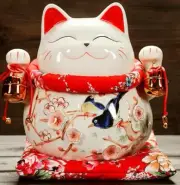 Maneki Neko Lucky Fortune Lute Cat Coin Bank Fengshui Ceramic Decor Gift 10"