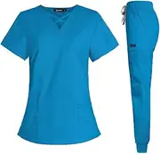 [VIAOLI] Scrubs for Women Set Modern V-Neck Top & 8 Pocket Jogger Pants Athletic Nursing Uniform Solid Stretch Workwear