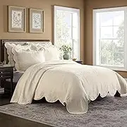 Historic Charleston Charleston Estate Modern Farmhouse Floral Matelasse Bedspread with Scalloped Edges, 100% Cotton Breathable Bedding, Full/Queen, Ivory Floral