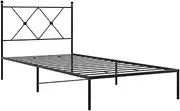 vidaXL Metal Bed Frame-Single 90x190 cm w/Headboard & Storage Space, Breathable Slats, Back Support, Bedroom-Black