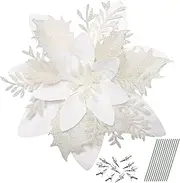 jojofuny 12 Pcs Christmas Poinsettia Artificial Flowers Decorations, 5.5 Inch Glitter Poinsettia Flowers with Clips and Stems for Xmas/Wedding/Holiday/Wreath/Garland/Tree Decor (White)