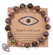 Rhodonite Crystal bracelet with Evil eye protection charm 8mm & 4mm beads 7 1/2"