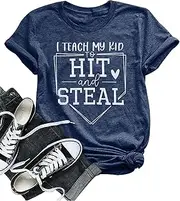 [VILOVE] Baseball Mama Shirt Women I Teach My Kids to Hit and Steal Shirt Baseball Mom Tshirt Baseball Heart T Shirt