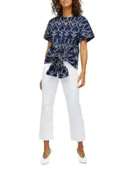 WAREHOUSE Blouse TOP NAVY BLUE WHITE Tie Front Cotton Broderie Anglais Sz 10 NEW