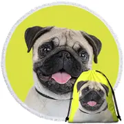 Yellow Background Cute Pug Dog Round Beach Towel