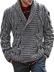 [Qolkmuiy-GJ] Mens Ribbed Shawl Collar Cardigan Casual Button Open Front Knitwear Chunky Fashion Buttons Twisted Cardigans, Grey, Small