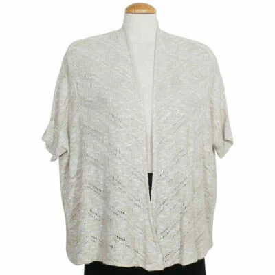 EILEEN FISHER Natural Karma Ripple Stitch Pointelle Linen Blend Boxy Cardigan XS