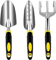 Garden Tools Set, 3 Piece Heavy Duty Gardening Tools Cast Aluminum with Soft Rubberized Non-Slip Handle, Durable Garden Hand Tools Garden Gifts for Digging Planting Transplanting (Yellow)
