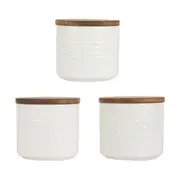 Set of 3 Off White Canisters with Acacia Lids
