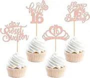Ercadio 24 Pcs Happy Sweet 16th Birthday Cupcake Toppers Hello Sixteen Happy 16th Cupcake Picks Rose Gold Crown Sweet 16 Cake Decorations for 16th Birthday Anniversary Party Supplies