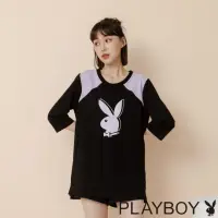 在飛比找momo購物網優惠-【PLAYBOY】肩膀拼紫撞色上衣(黑色)