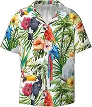 [HVTTIOR] Toucans Parrot Palm Tree Leaves Print Short Sleeve Shirt Cuban Collar Beach Casual Style Summer Vacation Relaxed Fit