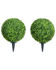 Nearly Natural 14in Set of 2 Artificial Boxwood Ball Topiary With Integrated Ground Stake UV-Resistant (Indoor/Outdoor)