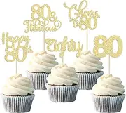 30 Pack Happy 80th Birthday Cupcake Toppers Gold Glitter Eighty Cheers to 80 Years Old Birthday Cupcake Picks for Happy 80th Birthday Anniversary Party Cake Decorations