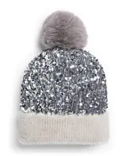 Surell Girls' Knit Sequin Beanie Hat With Faux Fur Pom - Big Kid