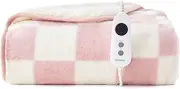 Dreamaker Checkered Plush Fleece Electric Heated Throw Blanket 160x130cm Warm Sherpa Fleece Reversible Rug Energy Efficient Overheat Protection 9 Heat Settings Extra Long Cord Controller- Pink & Cream