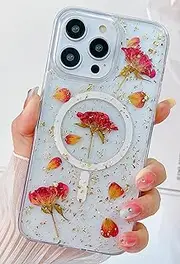 ELEPIK Real Flower Series for iPhone 13 Pro Case Clear, [Compatible with MagSafe] [Handmade Real Flower Design] Cute Floral Slim Protective Women Girl Phone Cover (Fashion Red)